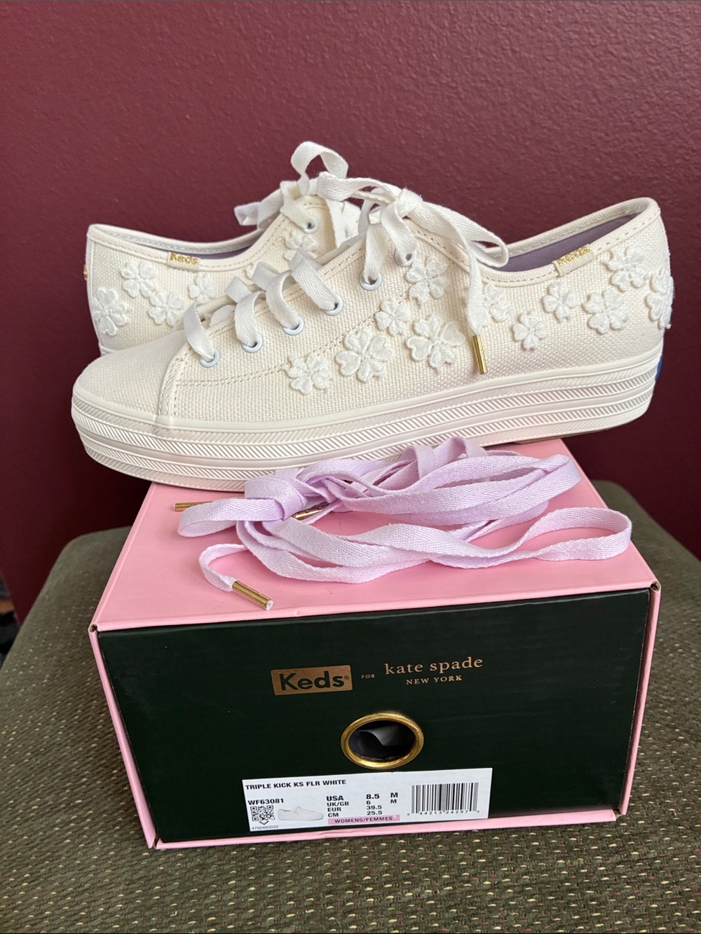 Kate Spade/Keds Off White Floral Embroidered Platform Sneakers w/ Lavender Laces